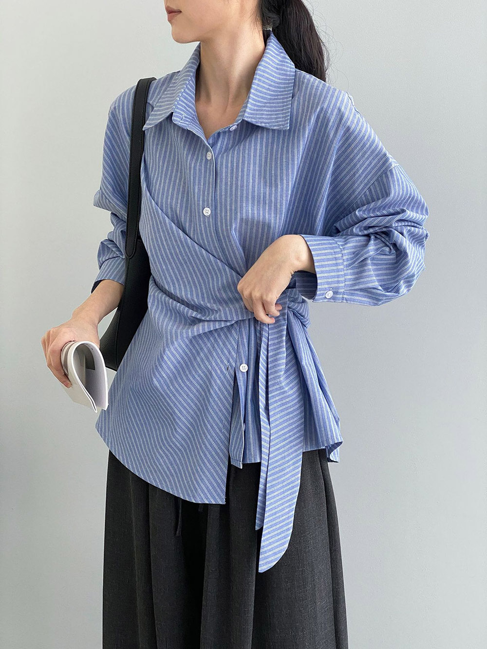 不規則綁帶條紋襯衫,evaviva,8C-FB7487,不規則綁帶條紋襯衫,領500,999免運