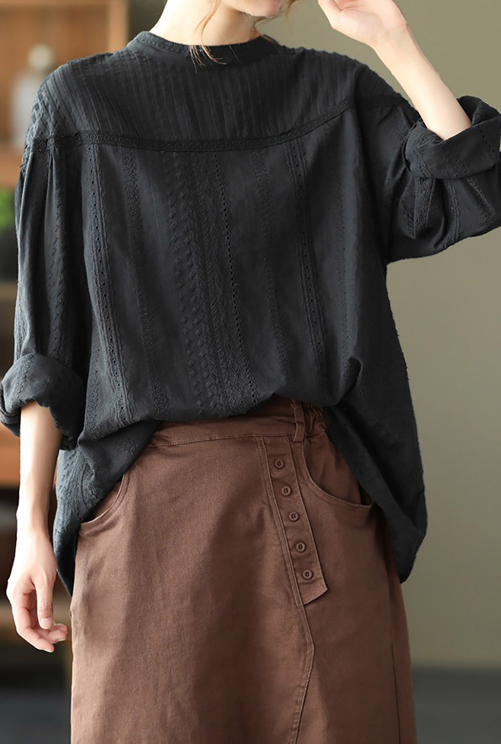 風琴壓褶立領長袖襯衫,evaviva,8C-FC7488,風琴壓褶立領長袖襯衫,領500,999免運