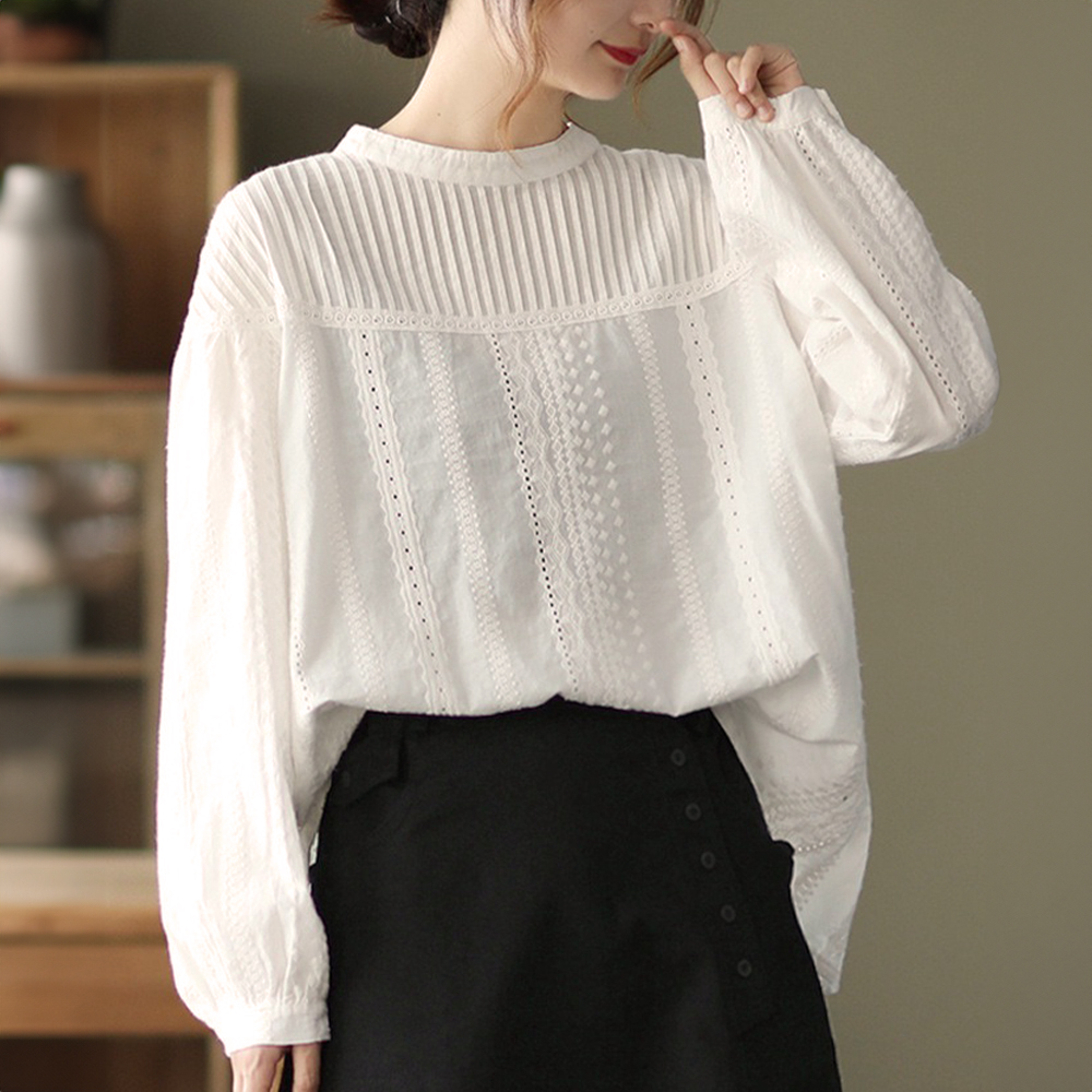 風琴壓褶立領長袖襯衫