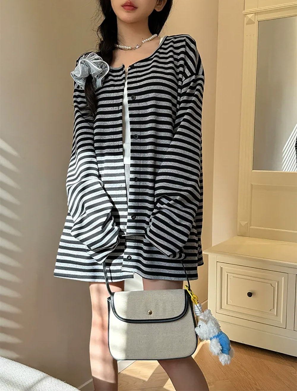 慵懶風圓領條紋外套,evaviva,8C-GR7481,慵懶風圓領條紋外套,領500,999免運