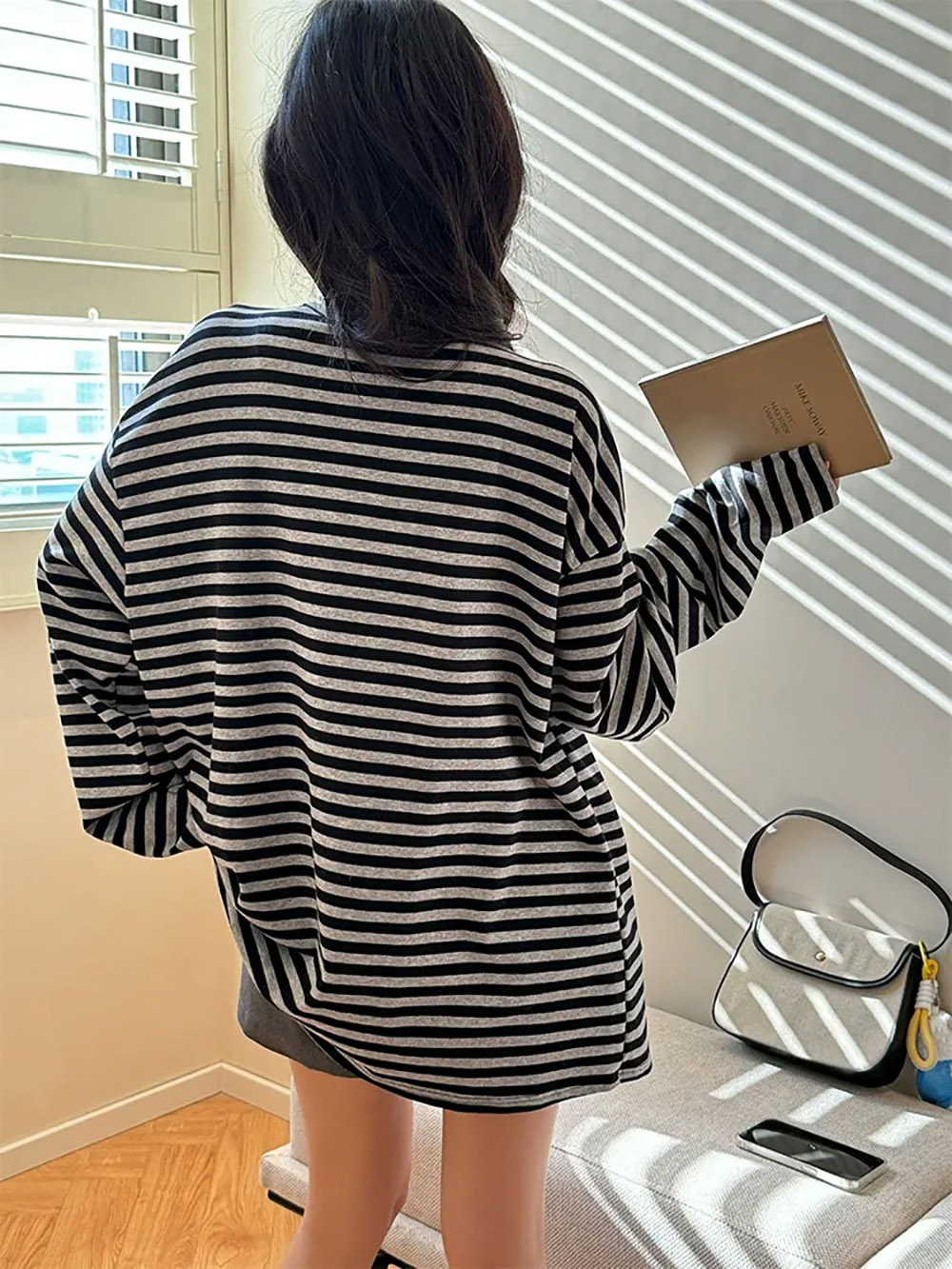 慵懶風圓領條紋外套,evaviva,8C-GR7481,慵懶風圓領條紋外套,領500,999免運