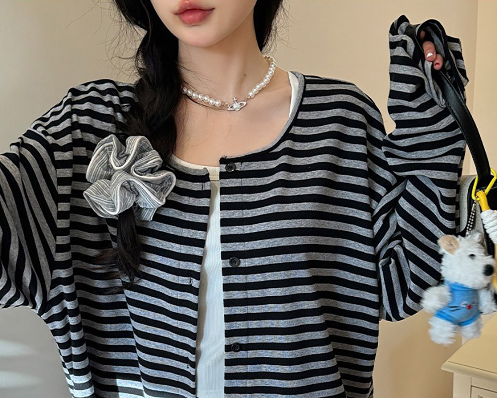 慵懶風圓領條紋外套,evaviva,8C-GR7481,慵懶風圓領條紋外套,領500,999免運