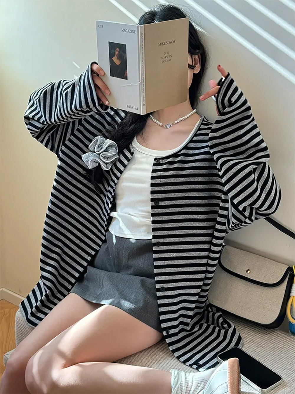 慵懶風圓領條紋外套,evaviva,8C-GR7481,慵懶風圓領條紋外套,領500,999免運