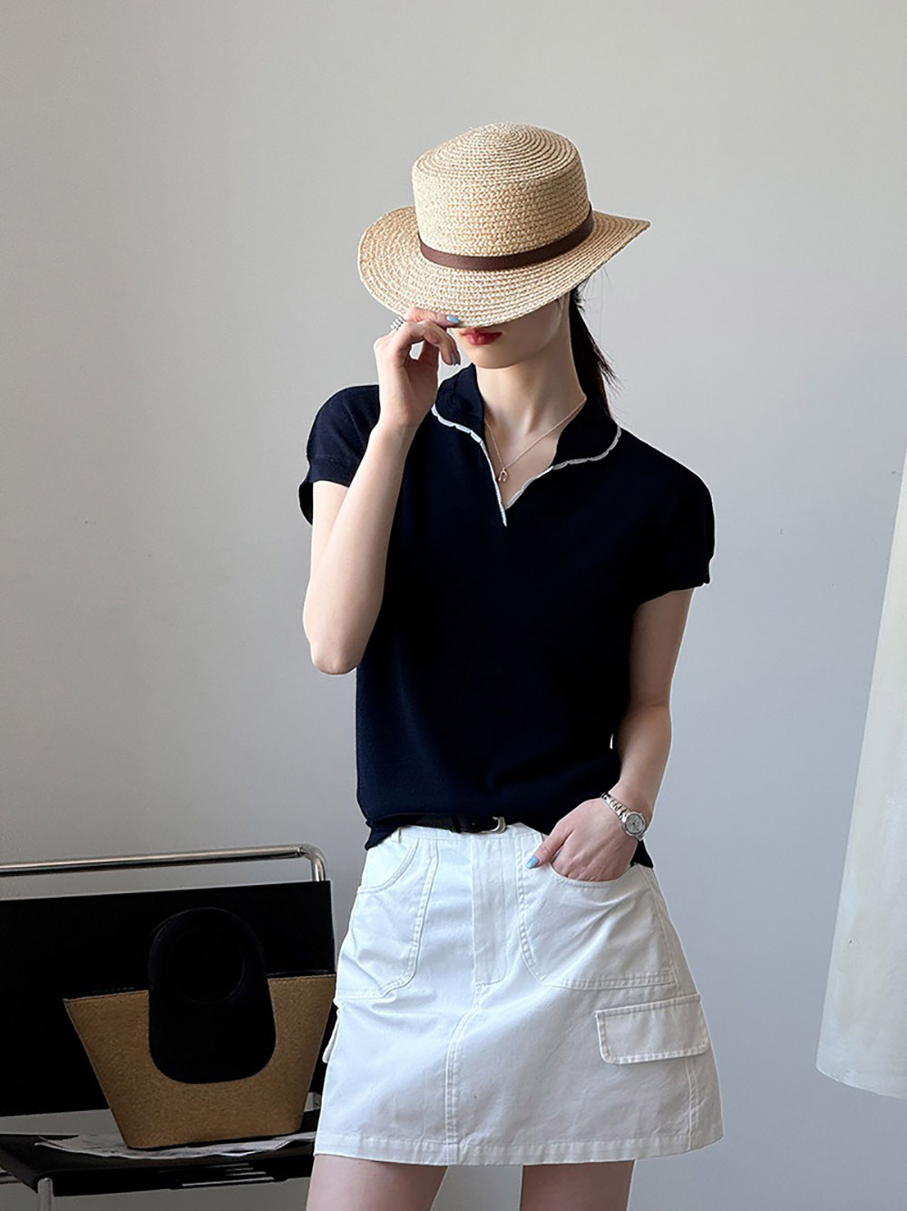 撞色滾邊小翻領上衣,evaviva,8C-GW7480,撞色滾邊小翻領上衣,領500,999免運