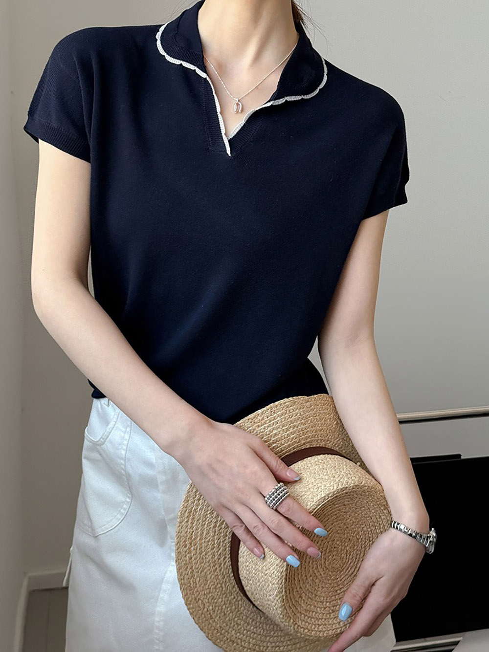 撞色滾邊小翻領上衣,evaviva,8C-GW7480,撞色滾邊小翻領上衣,領500,999免運