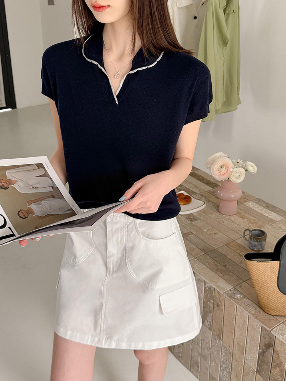 撞色滾邊小翻領上衣,evaviva,8C-GW7480,撞色滾邊小翻領上衣,領500,999免運