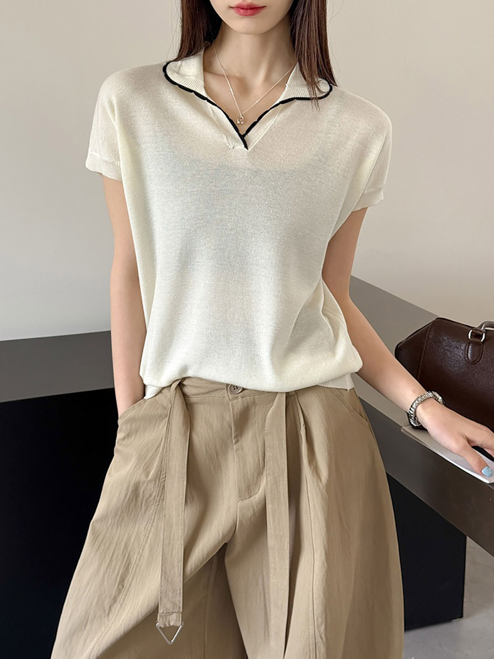 撞色滾邊小翻領上衣,evaviva,8C-GW7480,撞色滾邊小翻領上衣,領500,999免運