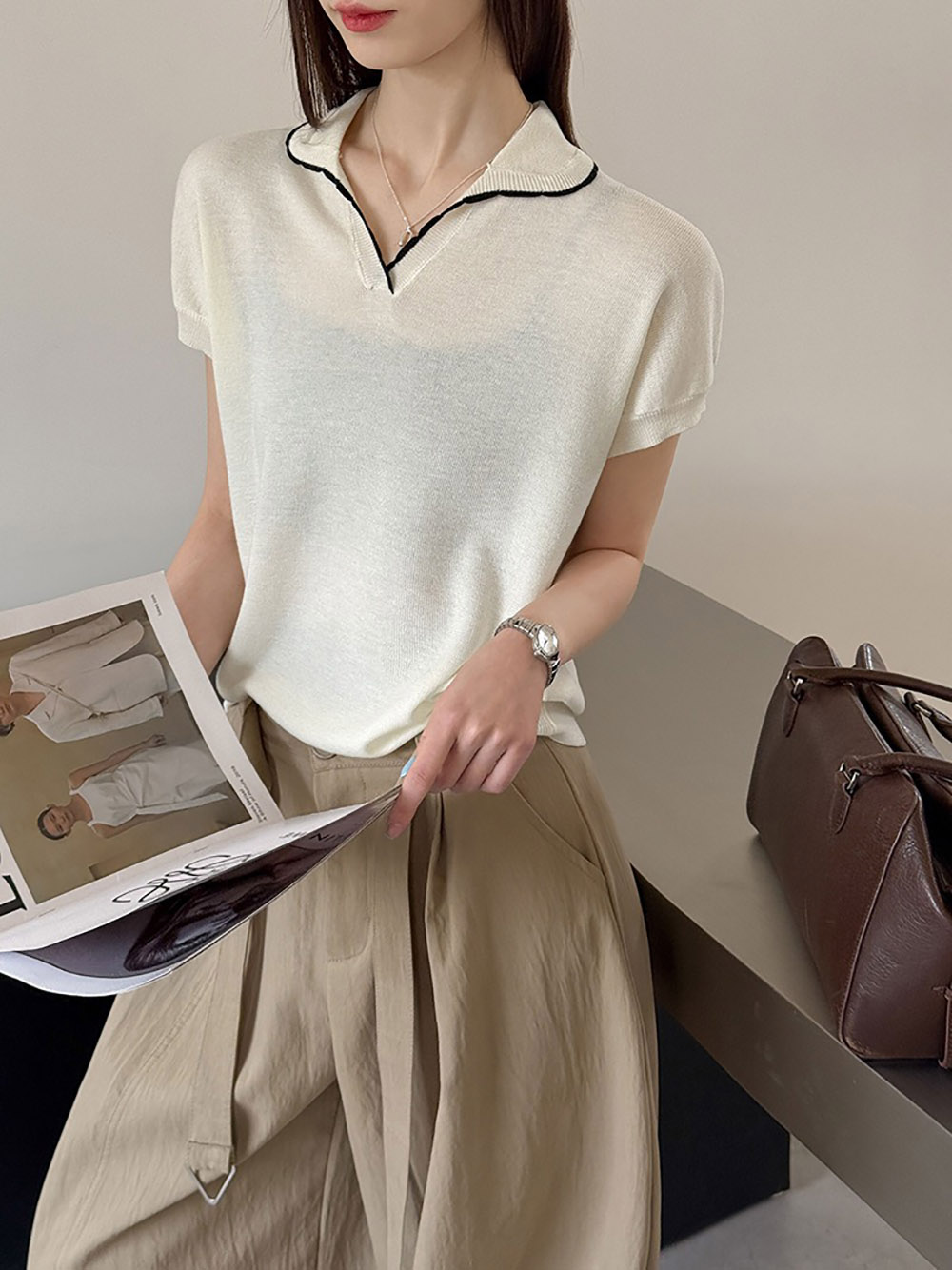 撞色滾邊小翻領上衣,evaviva,8C-GW7480,撞色滾邊小翻領上衣,領500,999免運