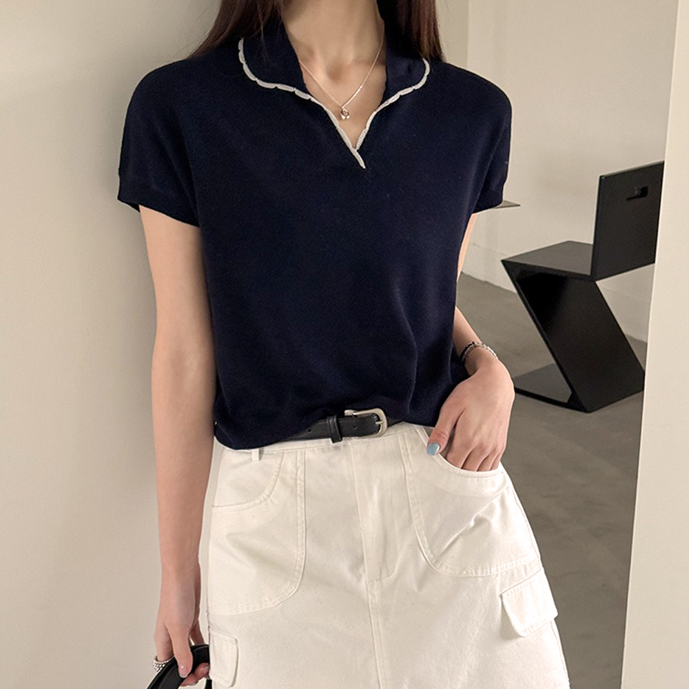 撞色滾邊小翻領上衣