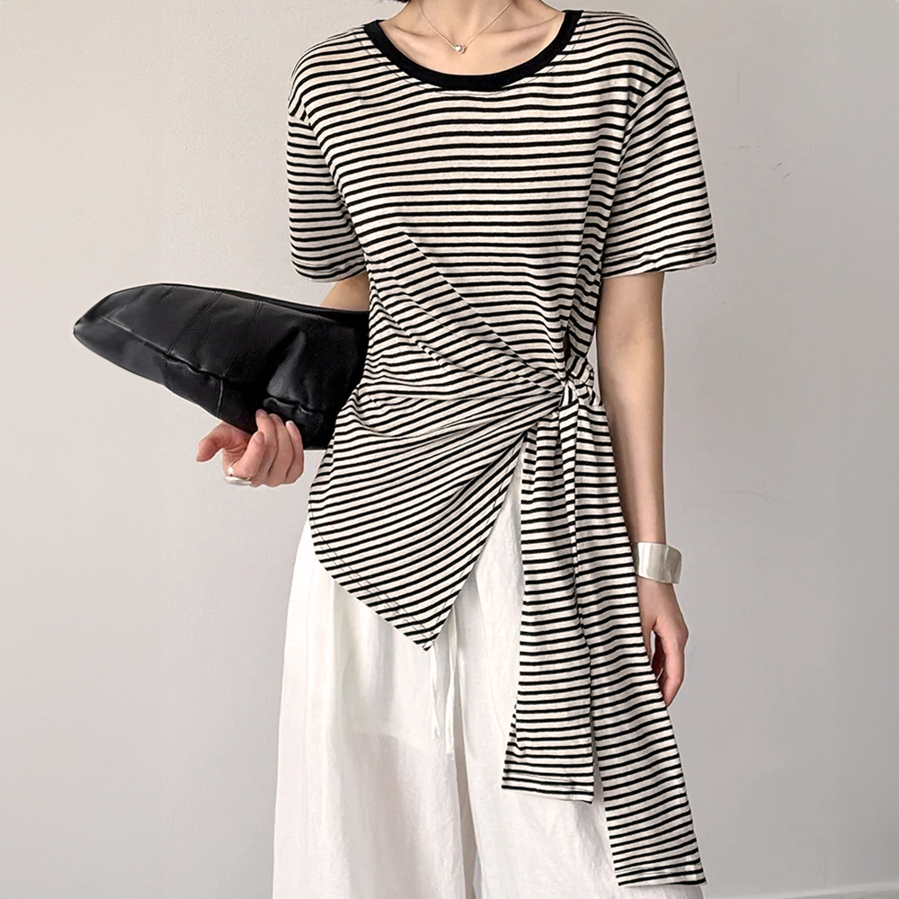 綁帶設計款條紋上衣