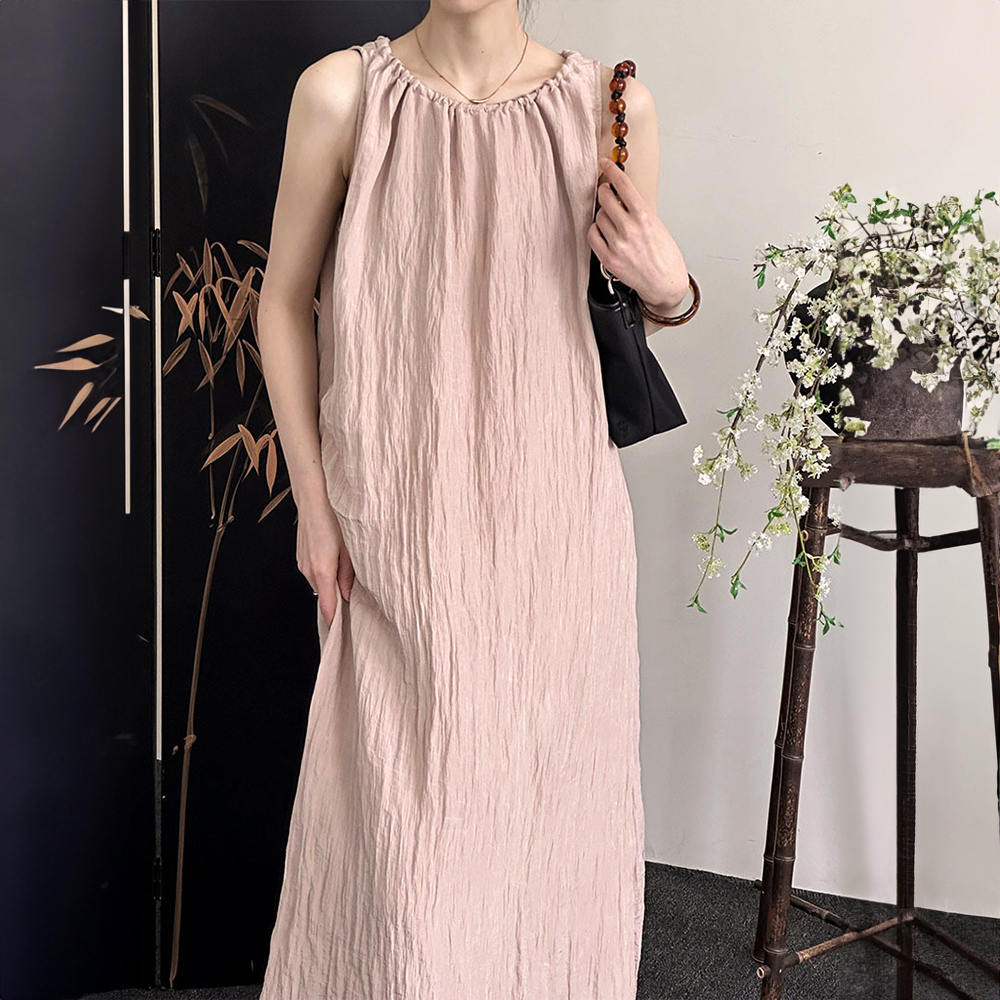 圓領天絲背心綁帶洋裝