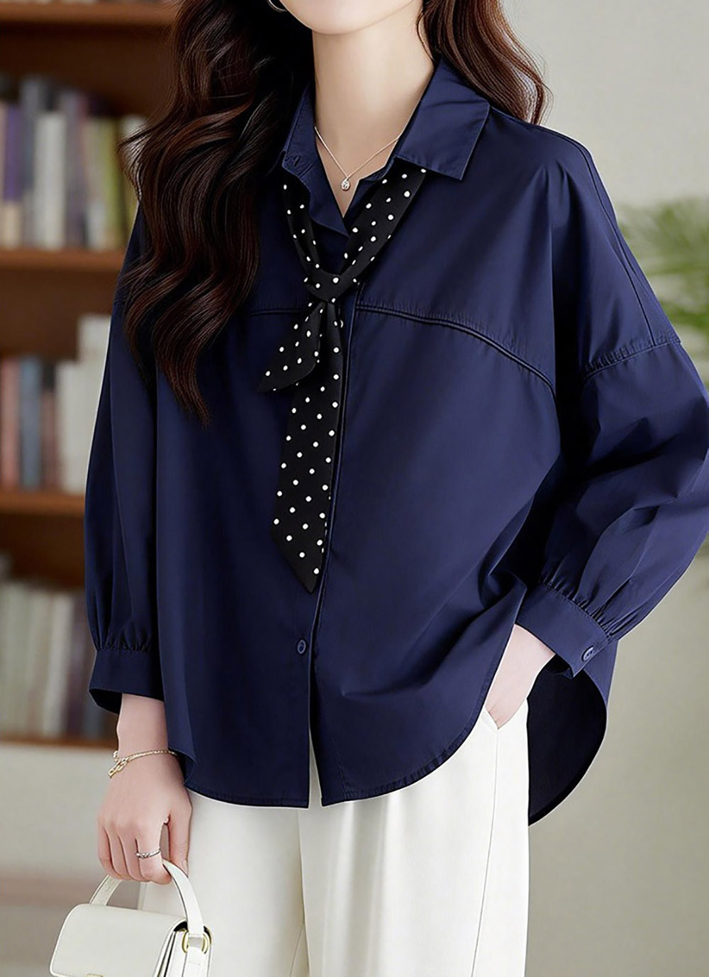 波點絲巾落肩款襯衫,evaviva,8C-HV7489,波點絲巾落肩款襯衫,領500,999免運