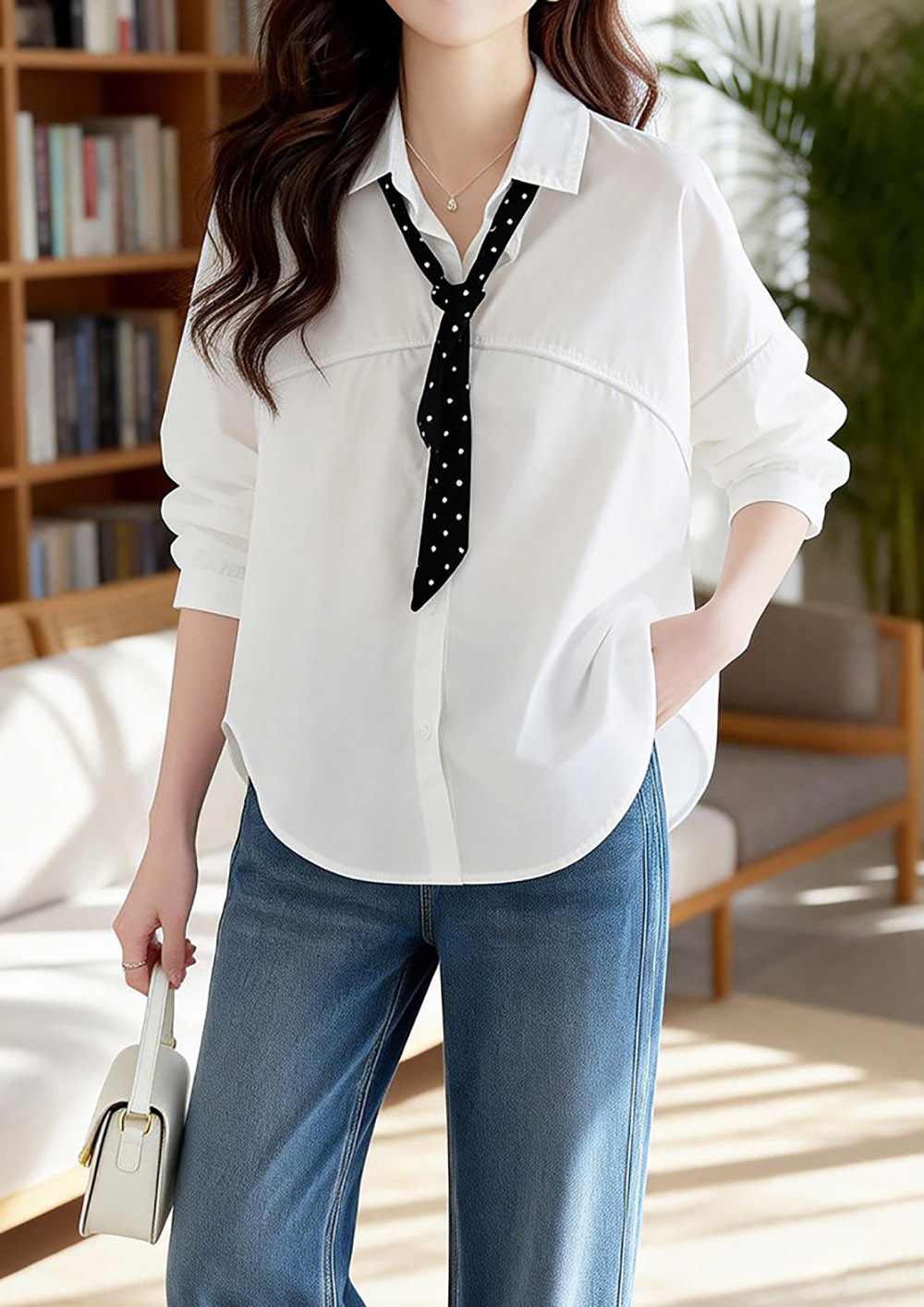 波點絲巾落肩款襯衫,evaviva,8C-HV7489,波點絲巾落肩款襯衫,領500,999免運