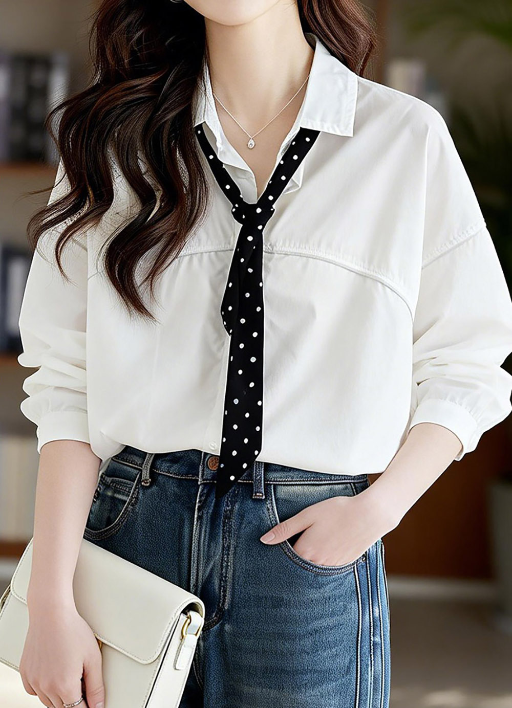 波點絲巾落肩款襯衫,evaviva,8C-HV7489,波點絲巾落肩款襯衫,領500,999免運