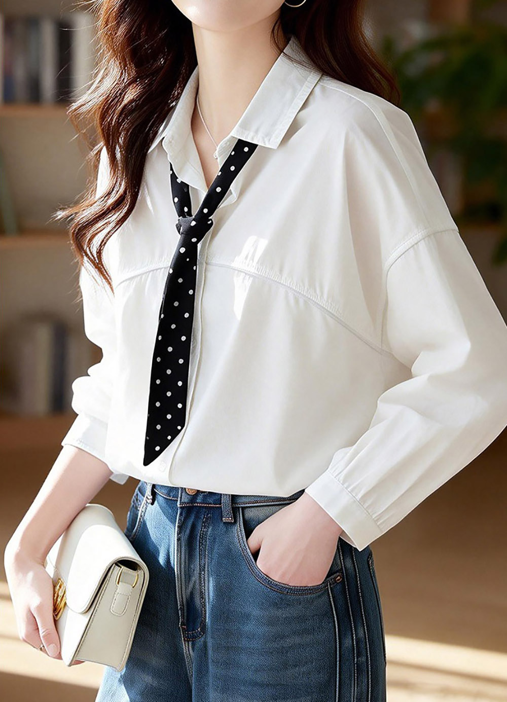 波點絲巾落肩款襯衫,evaviva,8C-HV7489,波點絲巾落肩款襯衫,領500,999免運