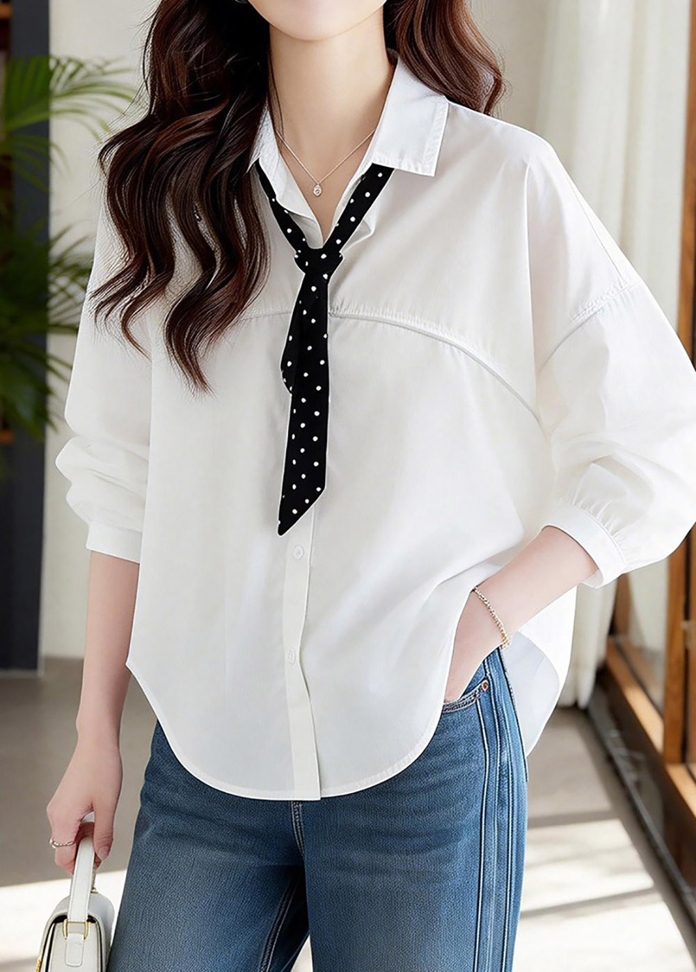 波點絲巾落肩款襯衫,evaviva,8C-HV7489,波點絲巾落肩款襯衫,領500,999免運