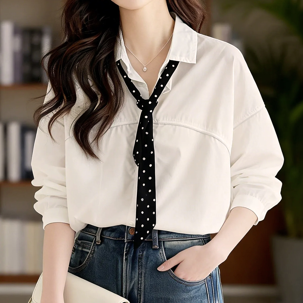 波點絲巾落肩款襯衫