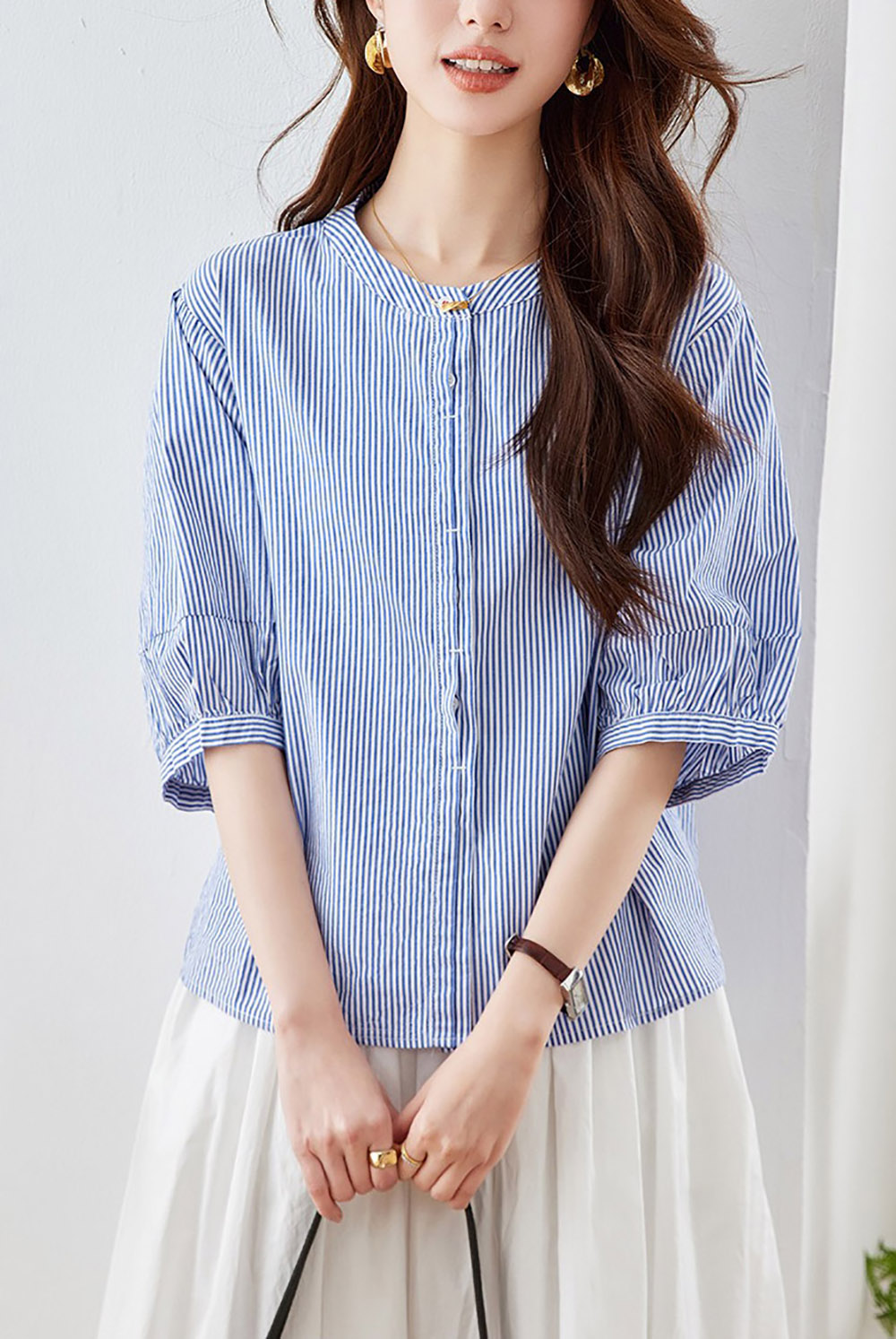 純棉圓領五分袖襯衫,evaviva,8C-HV7490,純棉圓領五分袖襯衫,領500,999免運