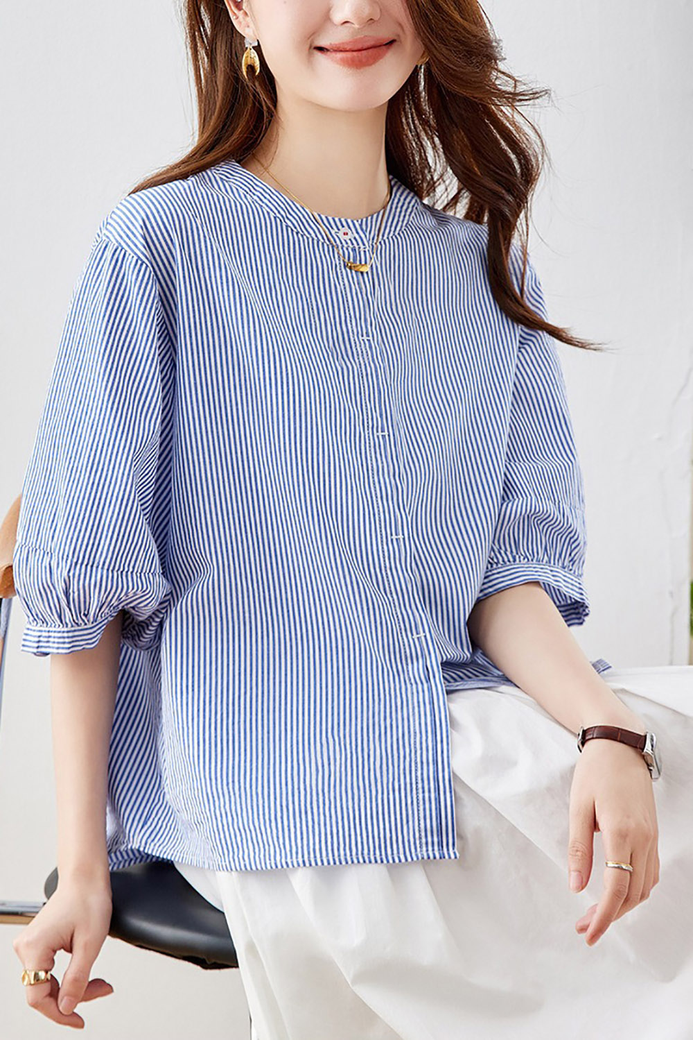 純棉圓領五分袖襯衫,evaviva,8C-HV7490,純棉圓領五分袖襯衫,領500,999免運