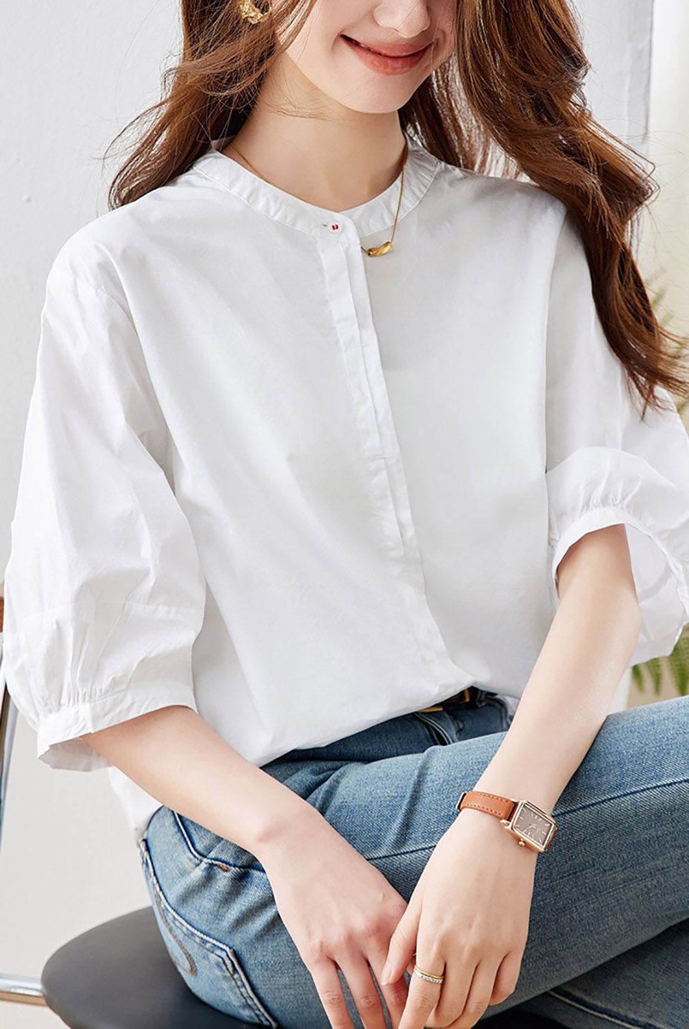 純棉圓領五分袖襯衫,evaviva,8C-HV7490,純棉圓領五分袖襯衫,領500,999免運