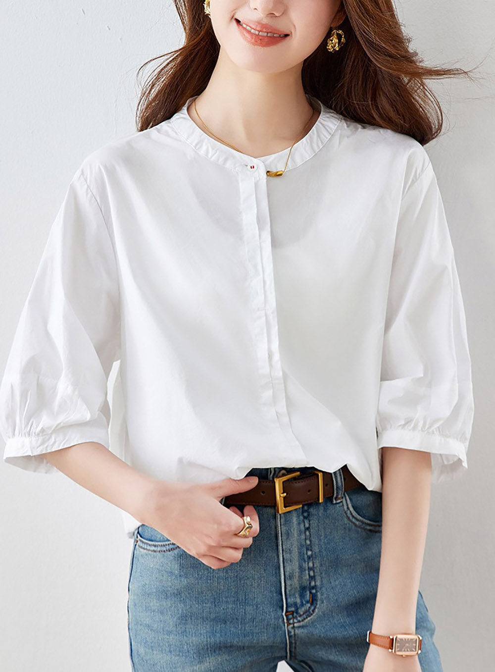 純棉圓領五分袖襯衫,evaviva,8C-HV7490,純棉圓領五分袖襯衫,領500,999免運