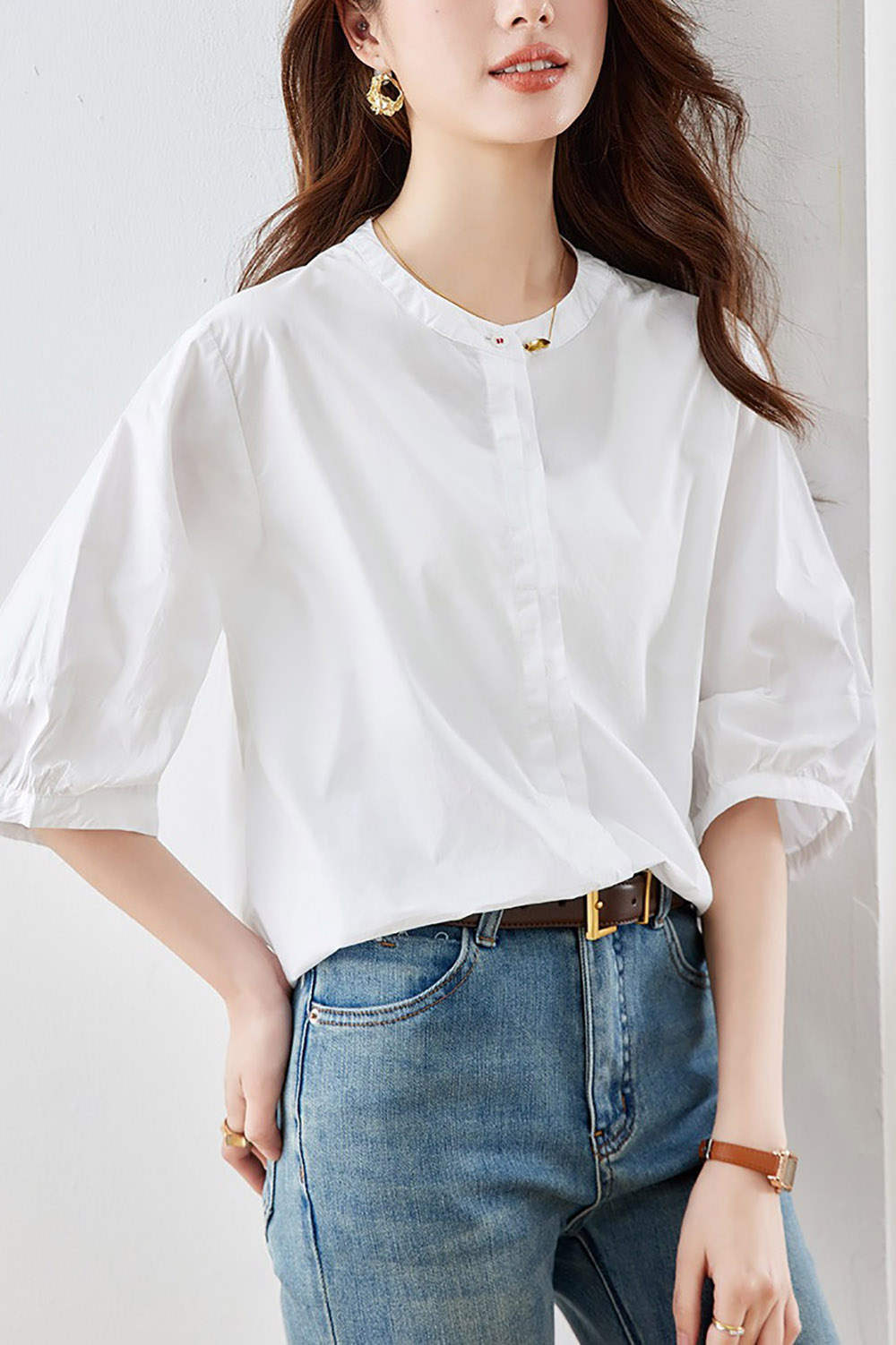 純棉圓領五分袖襯衫,evaviva,8C-HV7490,純棉圓領五分袖襯衫,領500,999免運