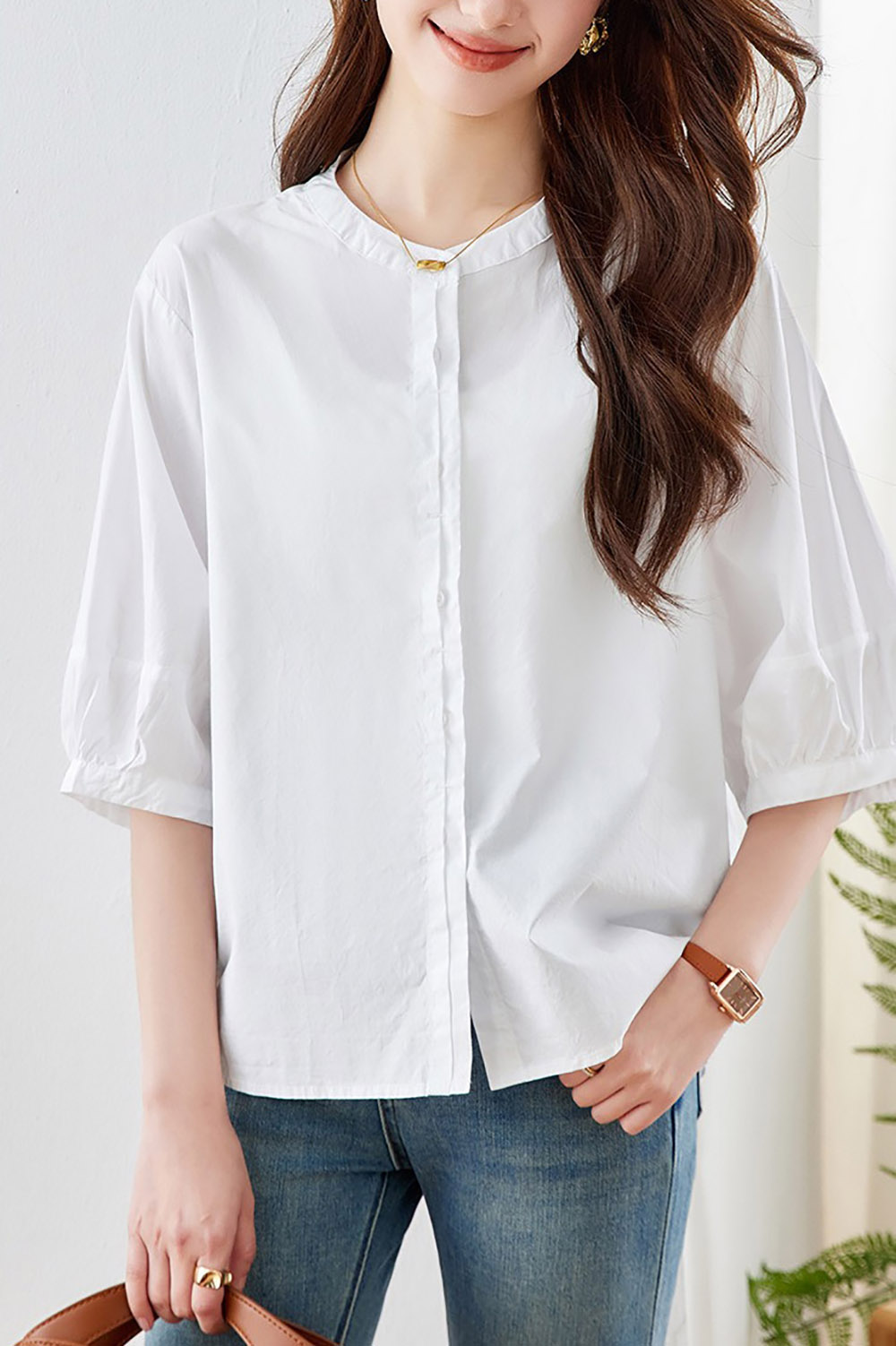 純棉圓領五分袖襯衫,evaviva,8C-HV7490,純棉圓領五分袖襯衫,領500,999免運