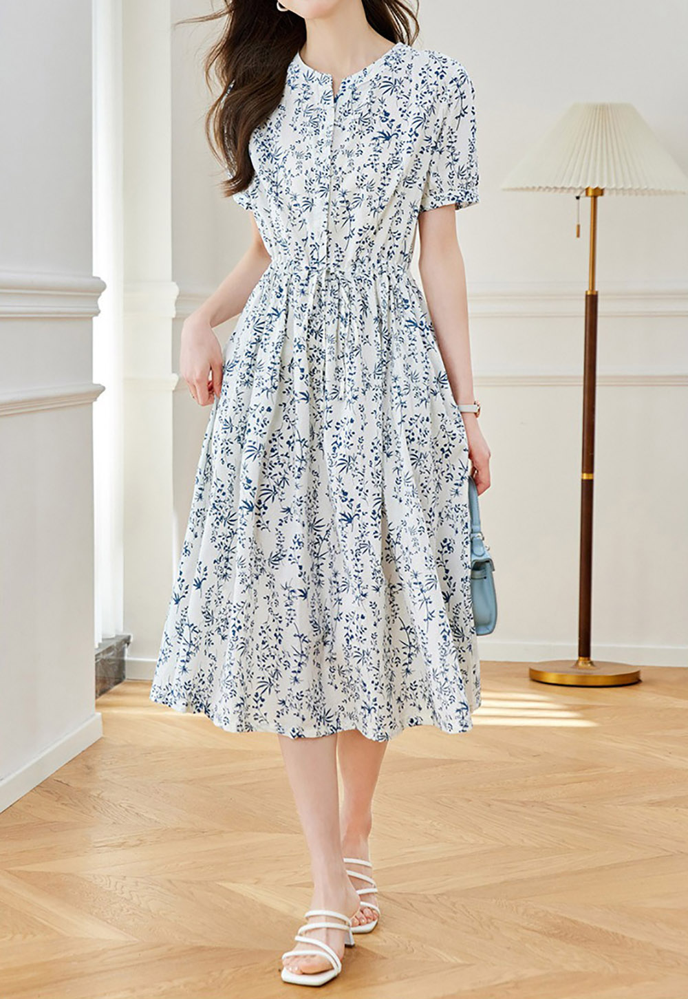 青花瓷印花高腰洋裝,evaviva,8C-HV7491,青花瓷印花高腰洋裝,領500,999免運