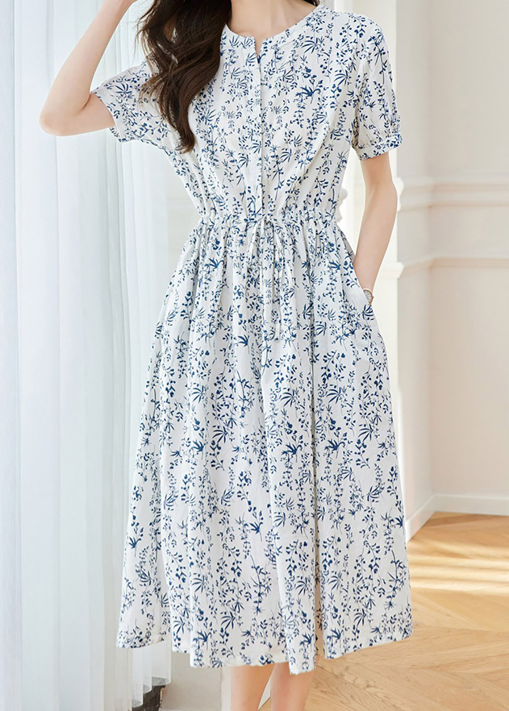 青花瓷印花高腰洋裝,evaviva,8C-HV7491,青花瓷印花高腰洋裝,領500,999免運