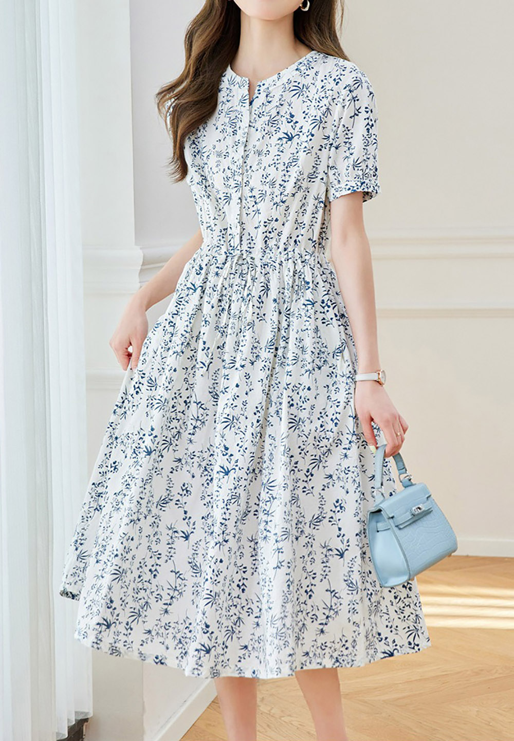 青花瓷印花高腰洋裝,evaviva,8C-HV7491,青花瓷印花高腰洋裝,領500,999免運