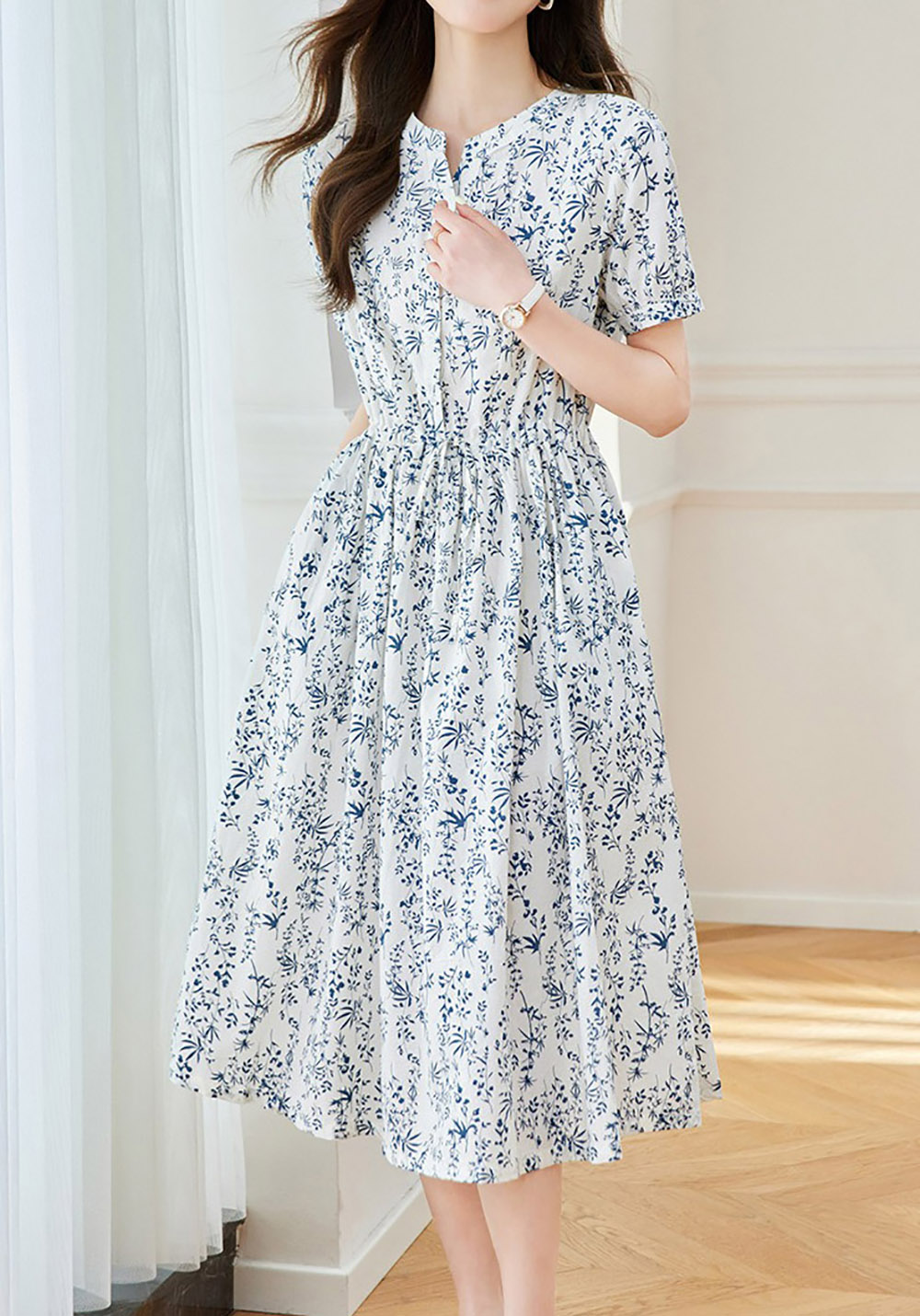 青花瓷印花高腰洋裝,evaviva,8C-HV7491,青花瓷印花高腰洋裝,領500,999免運