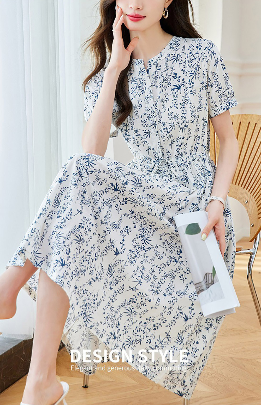青花瓷印花高腰洋裝,evaviva,8C-HV7491,青花瓷印花高腰洋裝,領500,999免運