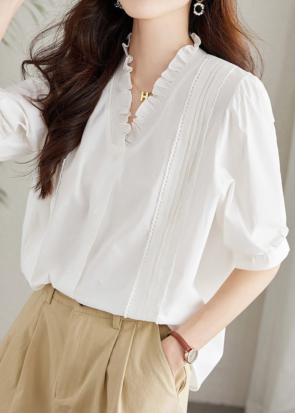 氣質荷葉V領短袖襯衫,evaviva,8C-HV7493,氣質荷葉V領短袖襯衫,領500,999免運