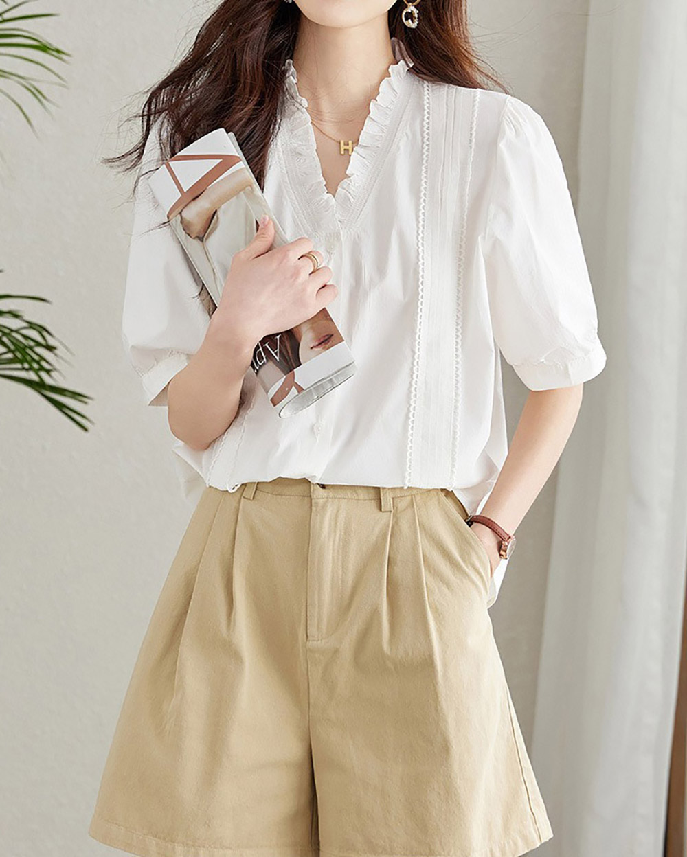 氣質荷葉V領短袖襯衫,evaviva,8C-HV7493,氣質荷葉V領短袖襯衫,領500,999免運