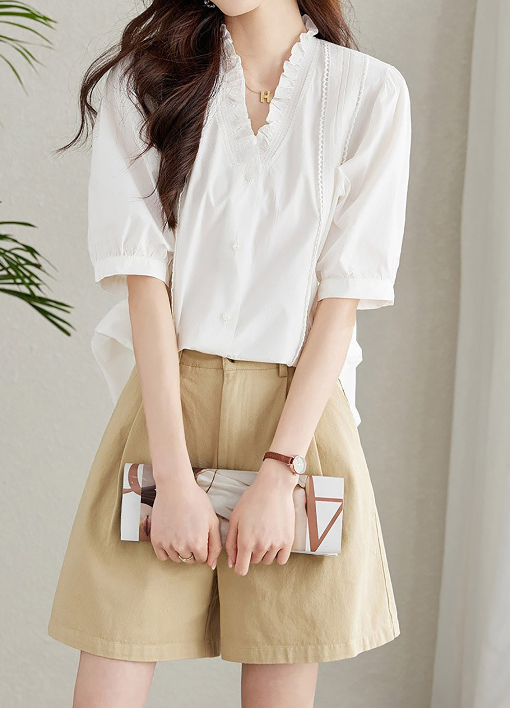 氣質荷葉V領短袖襯衫,evaviva,8C-HV7493,氣質荷葉V領短袖襯衫,領500,999免運