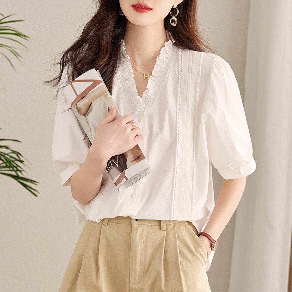 氣質荷葉V領短袖襯衫