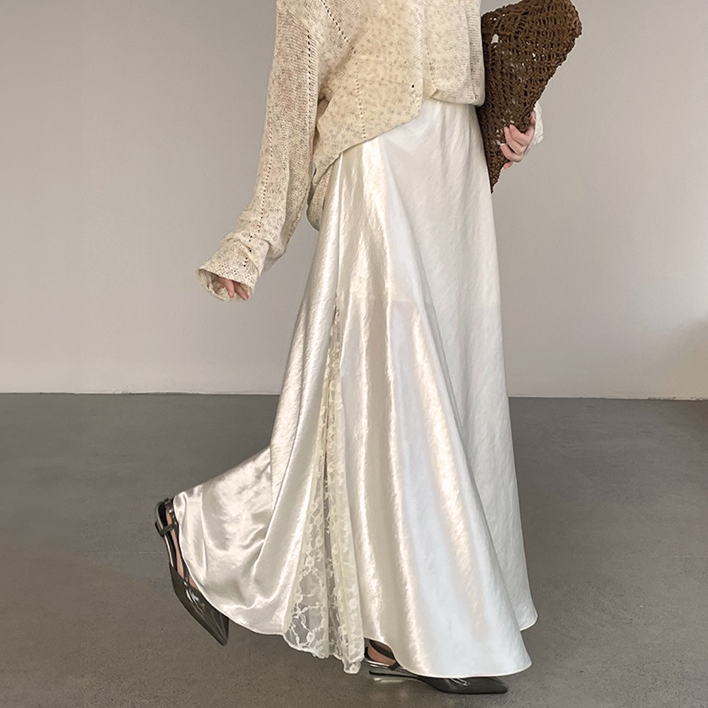 氣質蕾絲拼接緞面長裙