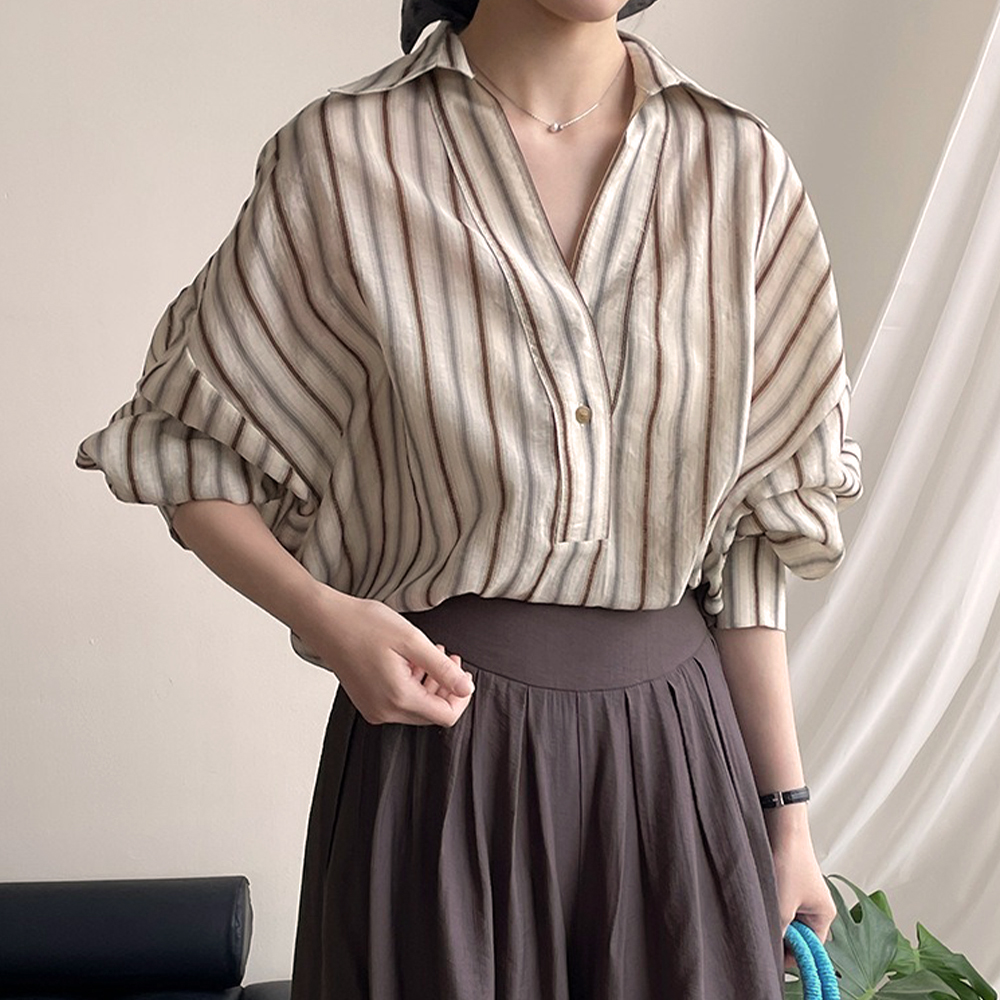 質感撞色條紋亞麻襯衫