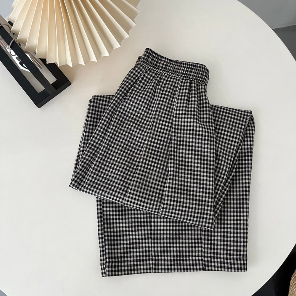 日系文藝風格子寬褲,evaviva,8C-UR7486,日系文藝風格子寬褲,領500,999免運