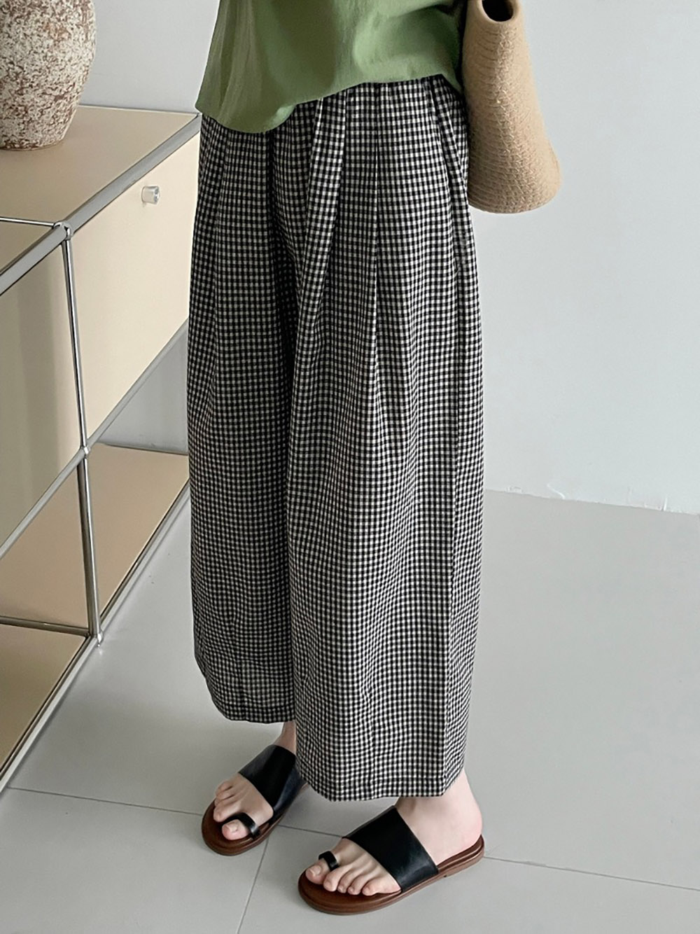 日系文藝風格子寬褲,evaviva,8C-UR7486,日系文藝風格子寬褲,領500,999免運