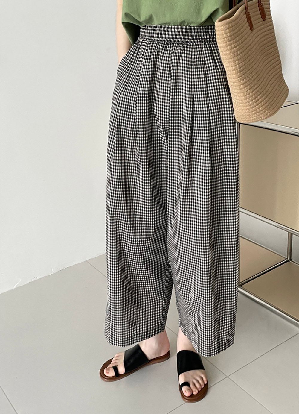 日系文藝風格子寬褲,evaviva,8C-UR7486,日系文藝風格子寬褲,領500,999免運
