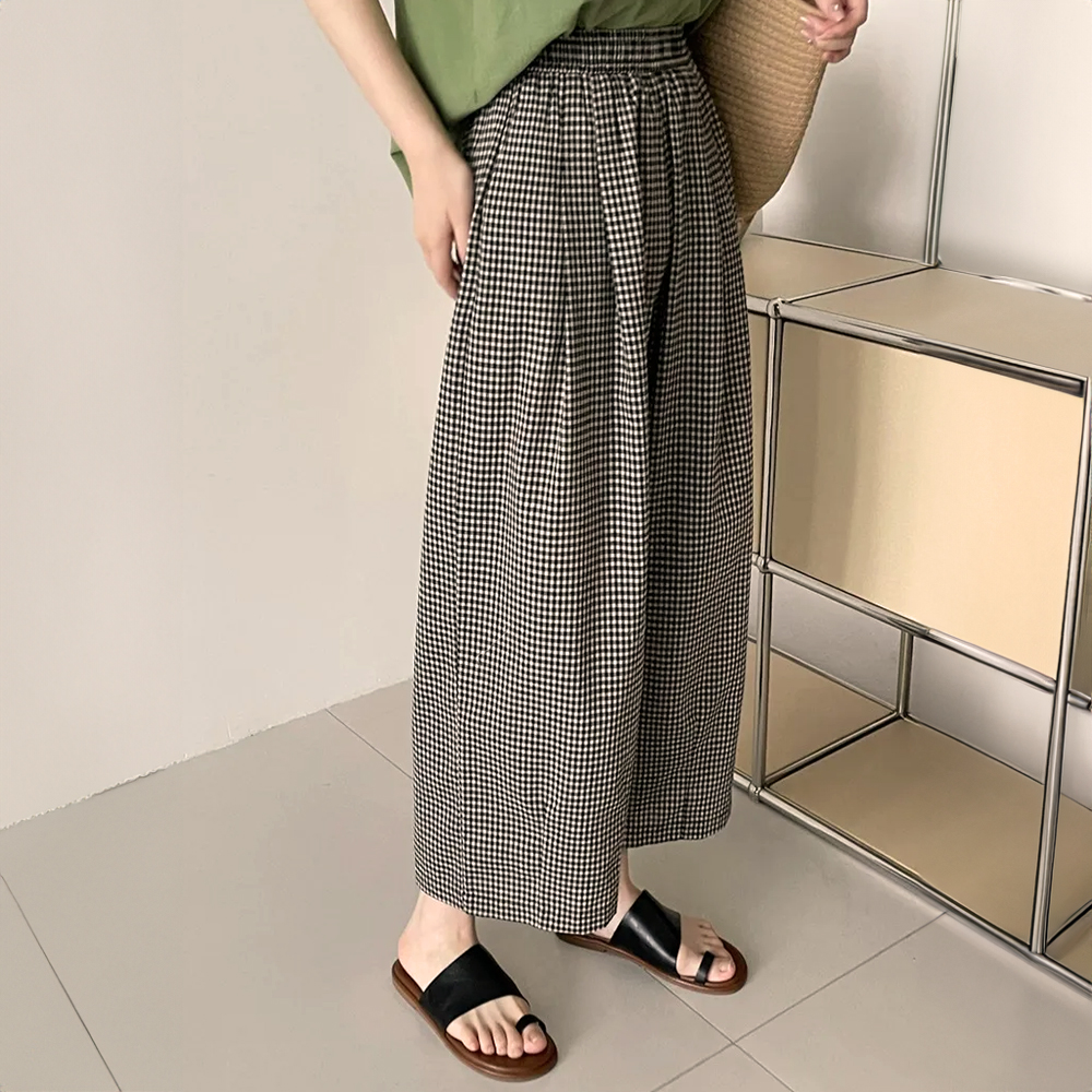 日系文藝風格子寬褲