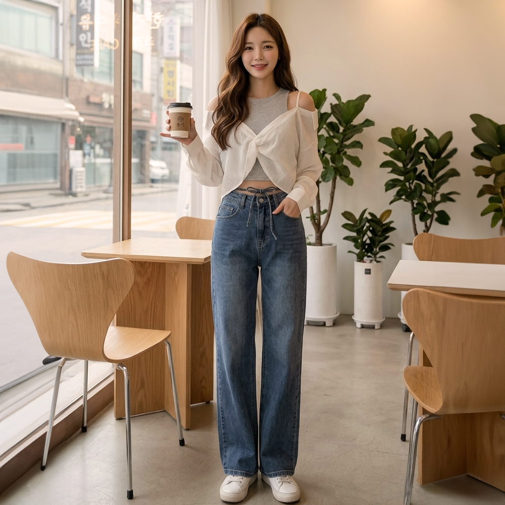 前腰綁帶設計牛仔長褲