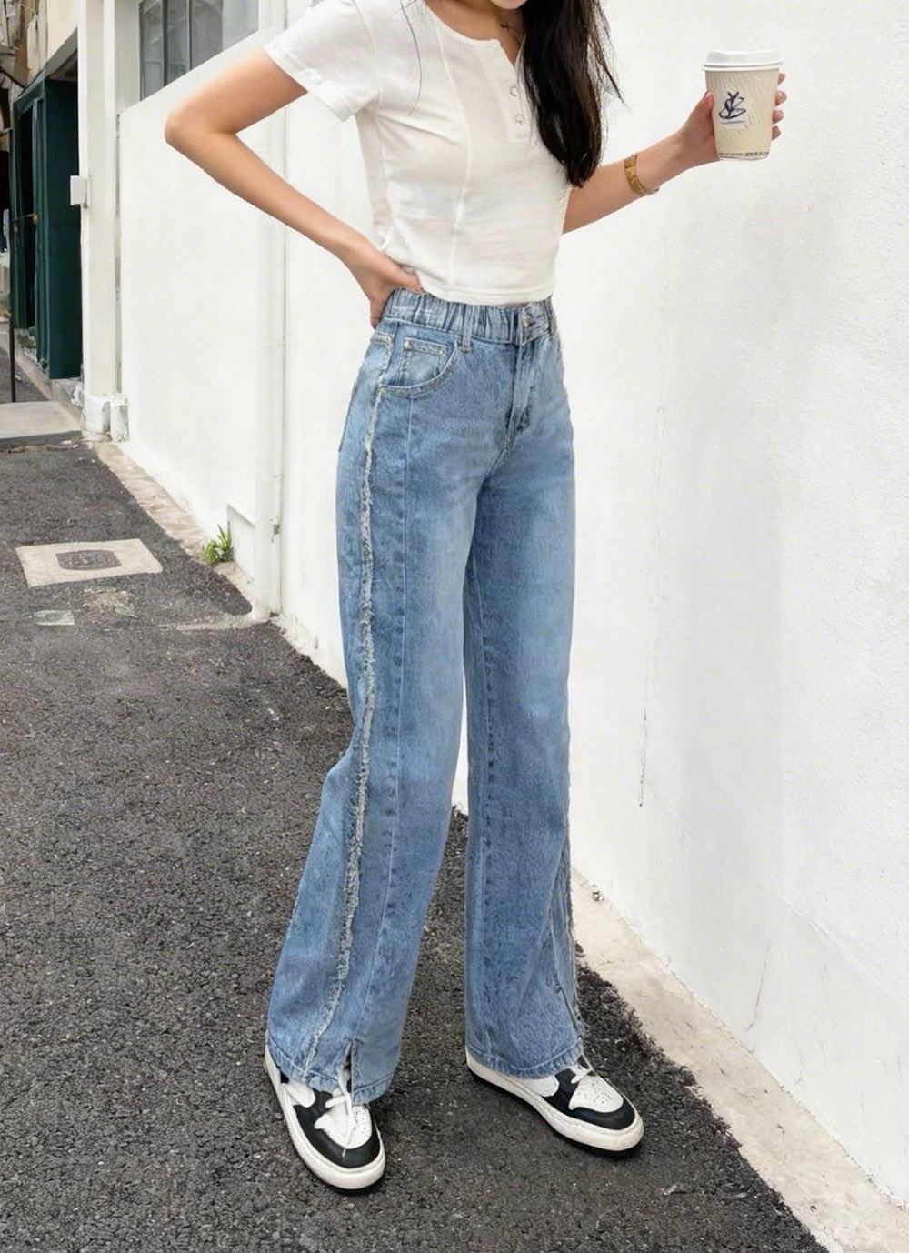 側鬚邊鬆緊腰牛仔褲,evaviva,99-BF7448,側鬚邊鬆緊腰牛仔褲,領500,999免運