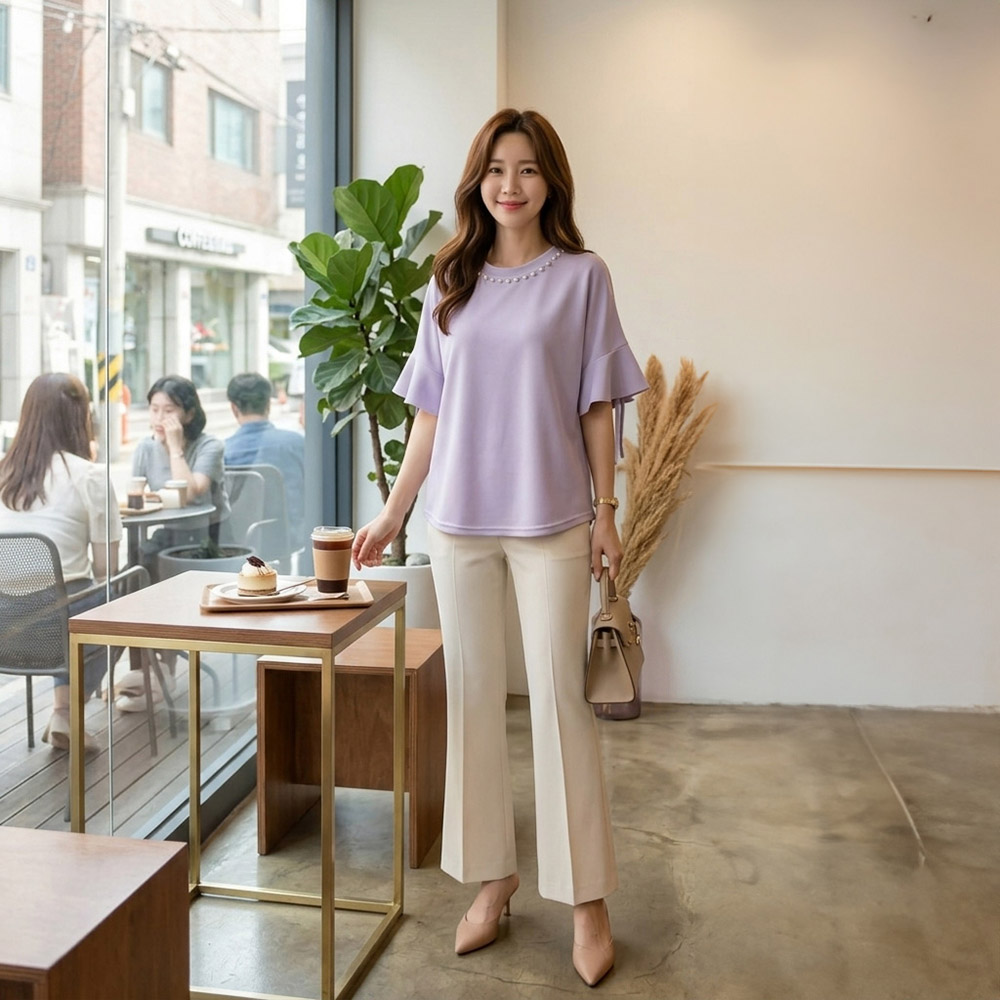 珍珠圓領荷葉袖上衣,evaviva,TC-ZA09200,珍珠圓領荷葉袖上衣,領500,999免運