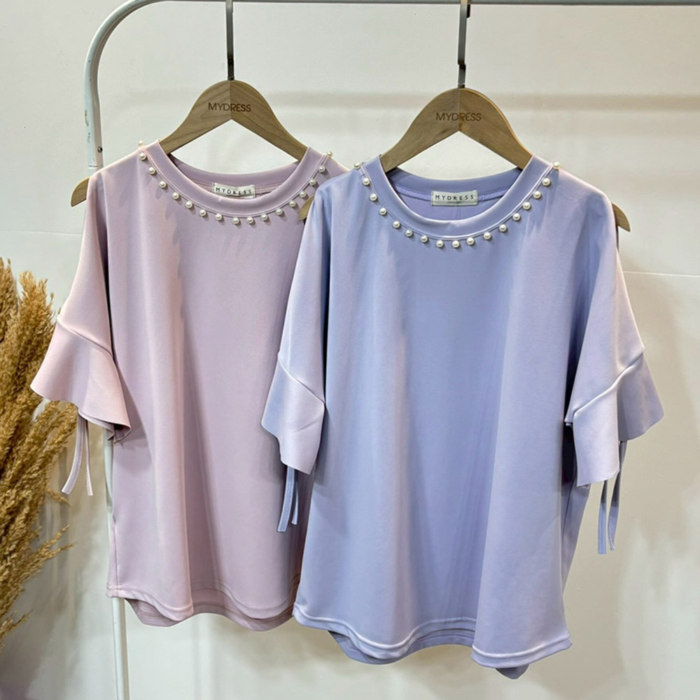 珍珠圓領荷葉袖上衣,evaviva,TC-ZA09200,珍珠圓領荷葉袖上衣,領500,999免運