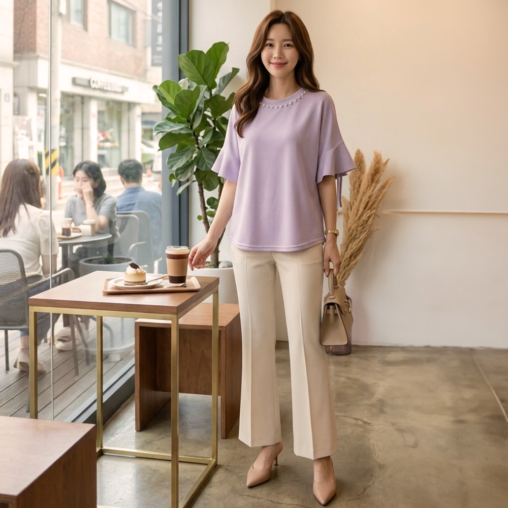 珍珠圓領荷葉袖上衣