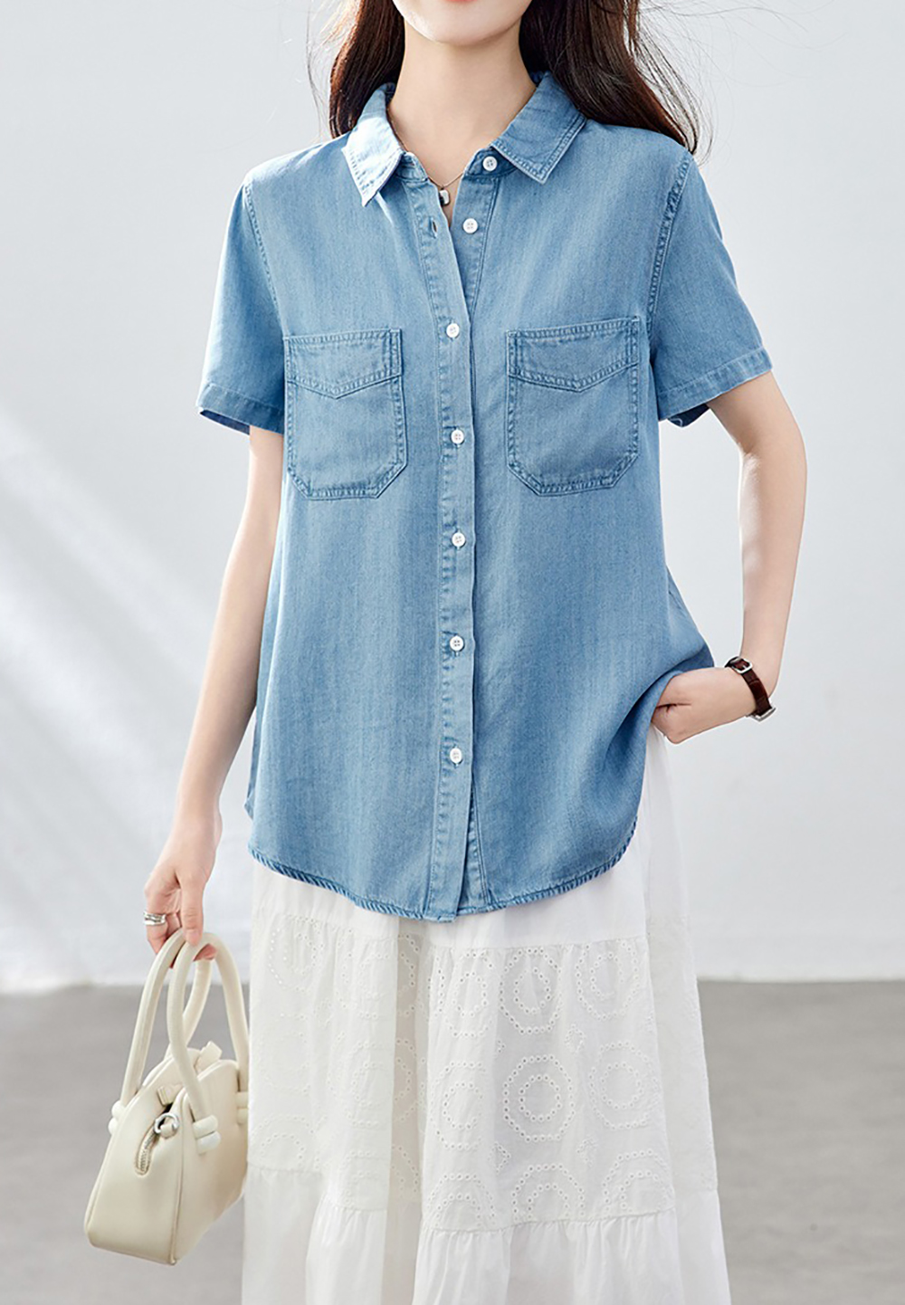 天絲牛仔短袖襯衫,evaviva,8C-HV7520,天絲牛仔短袖襯衫,領500,999免運