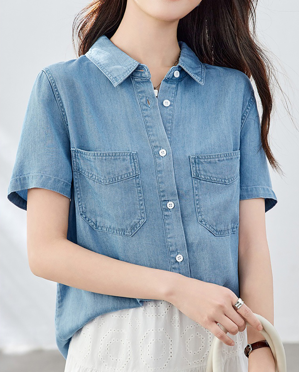 天絲牛仔短袖襯衫,evaviva,8C-HV7520,天絲牛仔短袖襯衫,領500,999免運