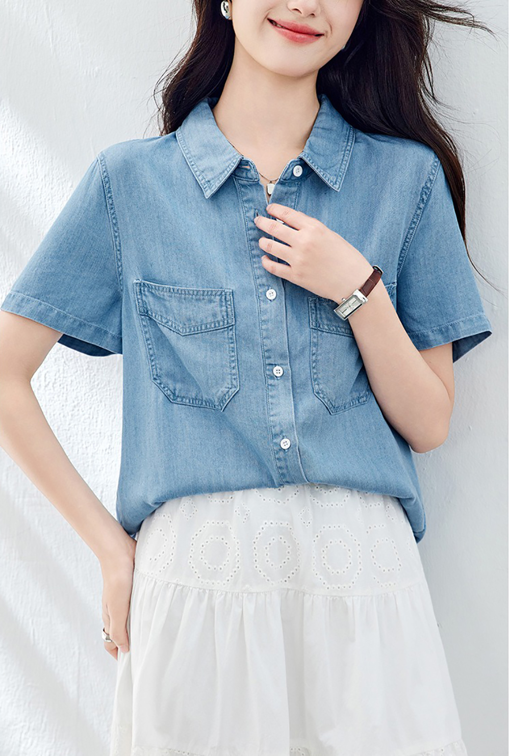 天絲牛仔短袖襯衫,evaviva,8C-HV7520,天絲牛仔短袖襯衫,領500,999免運